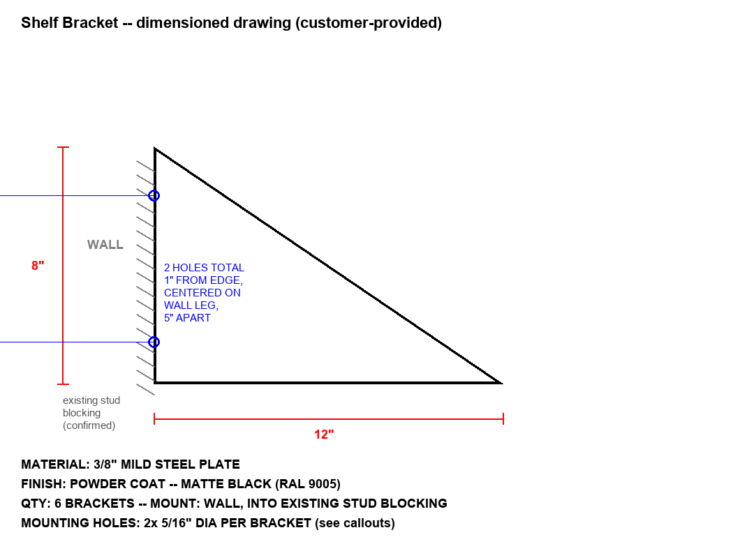 Dimensioned drawing of shelf bracket: 12 x 8 inch right triangle, 3/8 inch mild steel plate, 2 mounting holes labeled, powder coat matte black RAL 9005